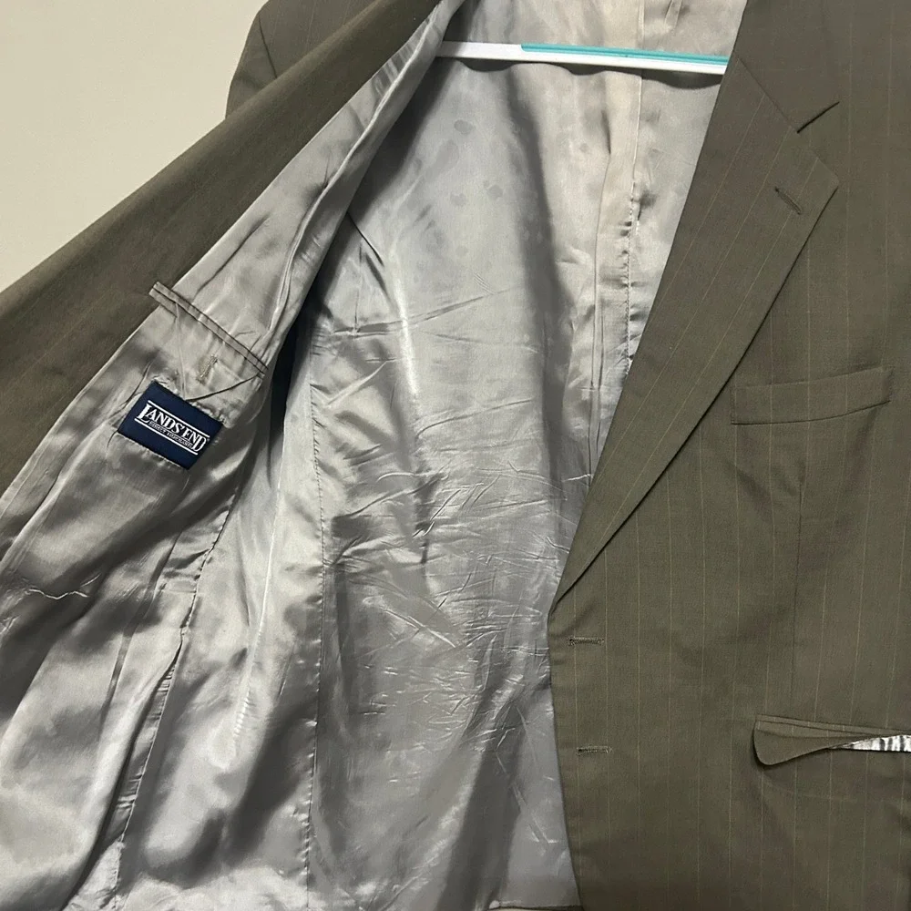 Lands' End Blazer 48R Olive Green Taupe Wool Pinstripe Suit Jacket USA Preppy
